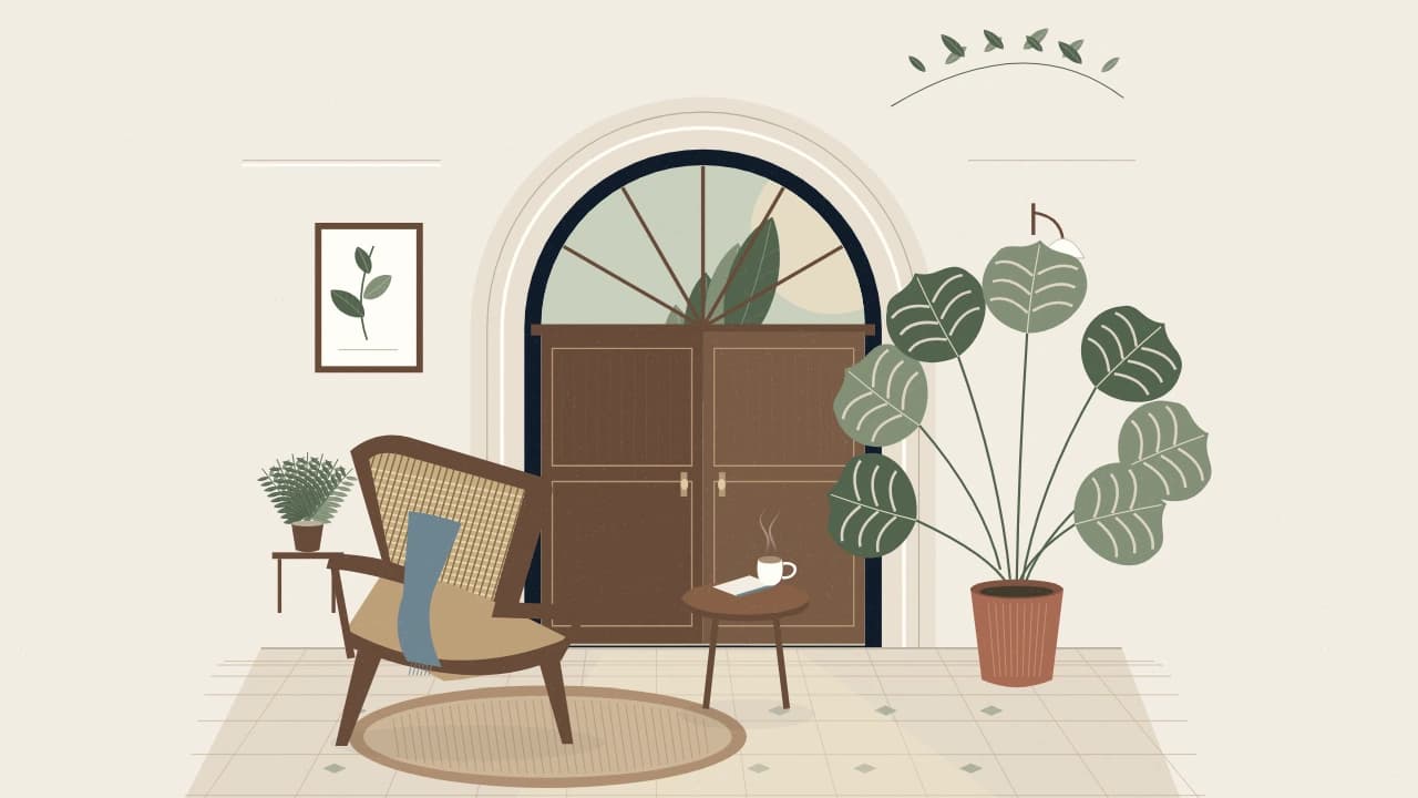 Ilustração autoral de uma casa acolhedora: portas em arco, poltrona de madeira, café e plantas.