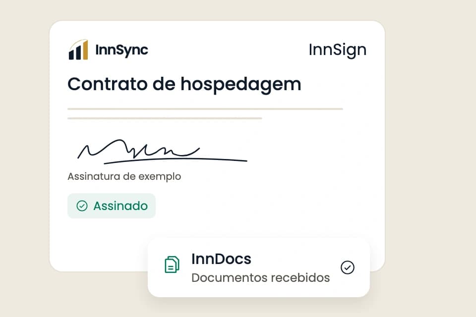 Ilustração conceitual de contratos e documentos organizados, com uma assinatura fictícia para representar o InnSign e o InnDocs.